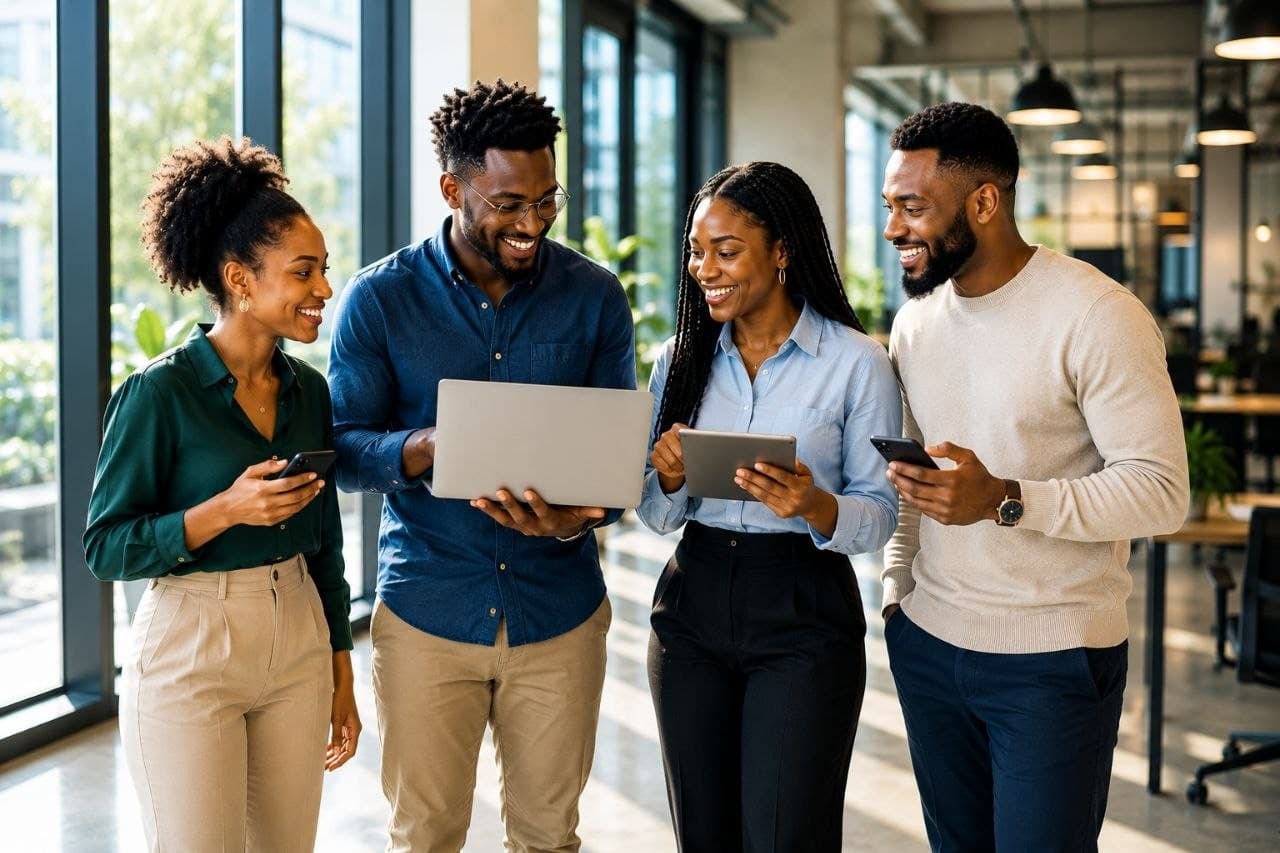 A diverse team of professionals collaborating on the Tradicomm platform
